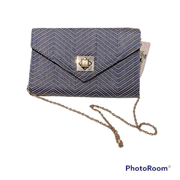 Urban Expression Blue/cream herringbone Clutch with gold chain strap vegan, NWT - Picture 2 of 12